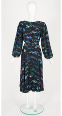 1977 S/S Blue & Black Floral Print Silk Peasant Set
