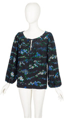 1977 S/S Blue & Black Floral Print Silk Peasant Set