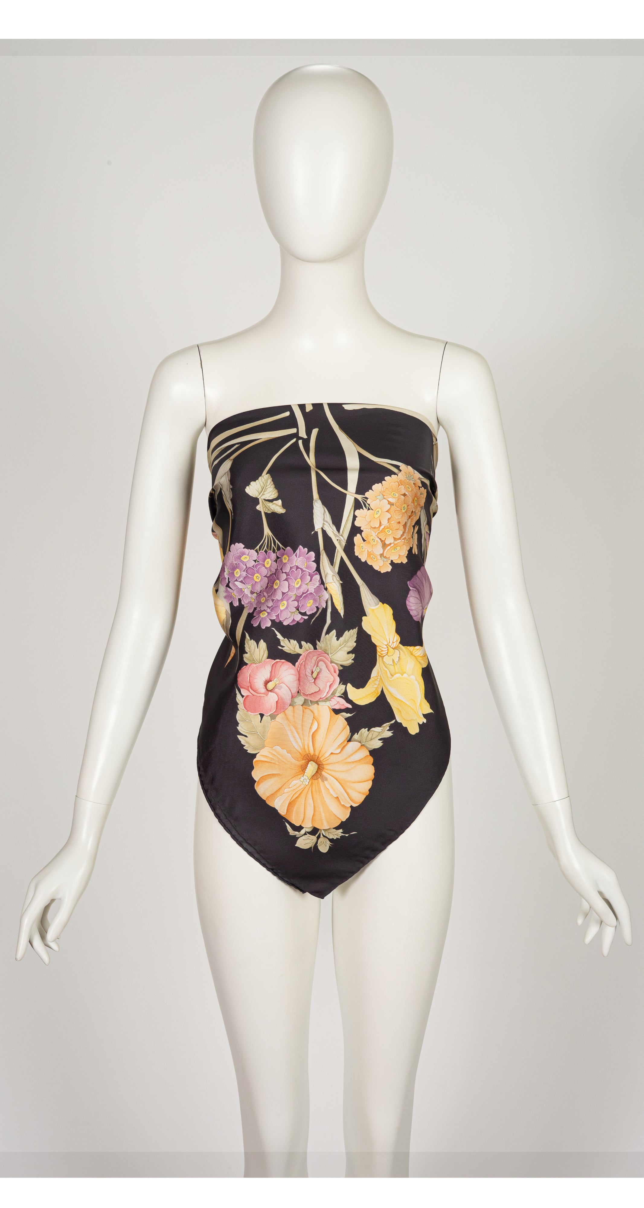 1990s Floral Pastel & Gray Silk Twill Scarf