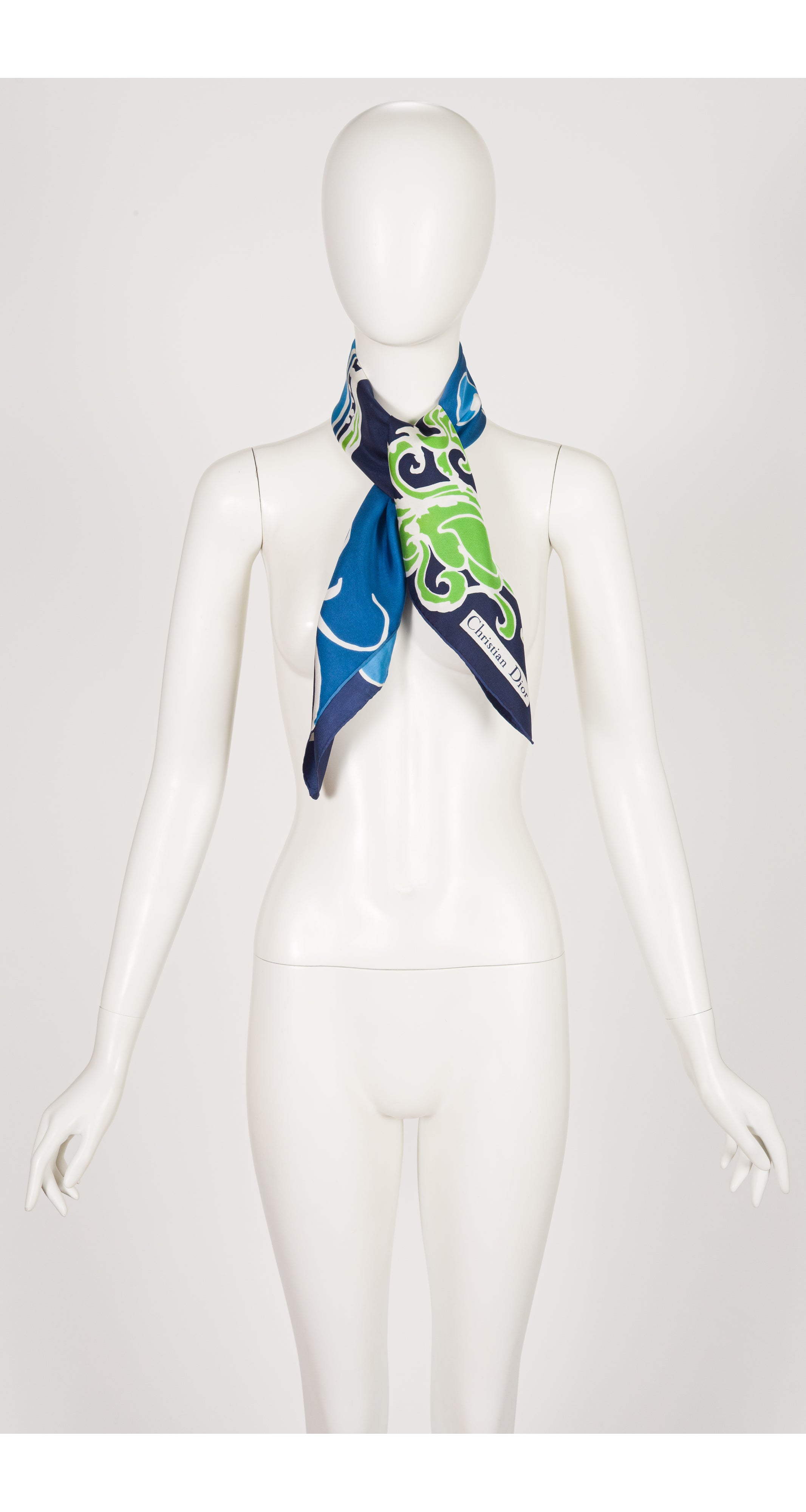 1960s Abstract Floral Print Green & Blue Silk Twill Scarf