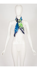 1960s Abstract Floral Print Green & Blue Silk Twill Scarf