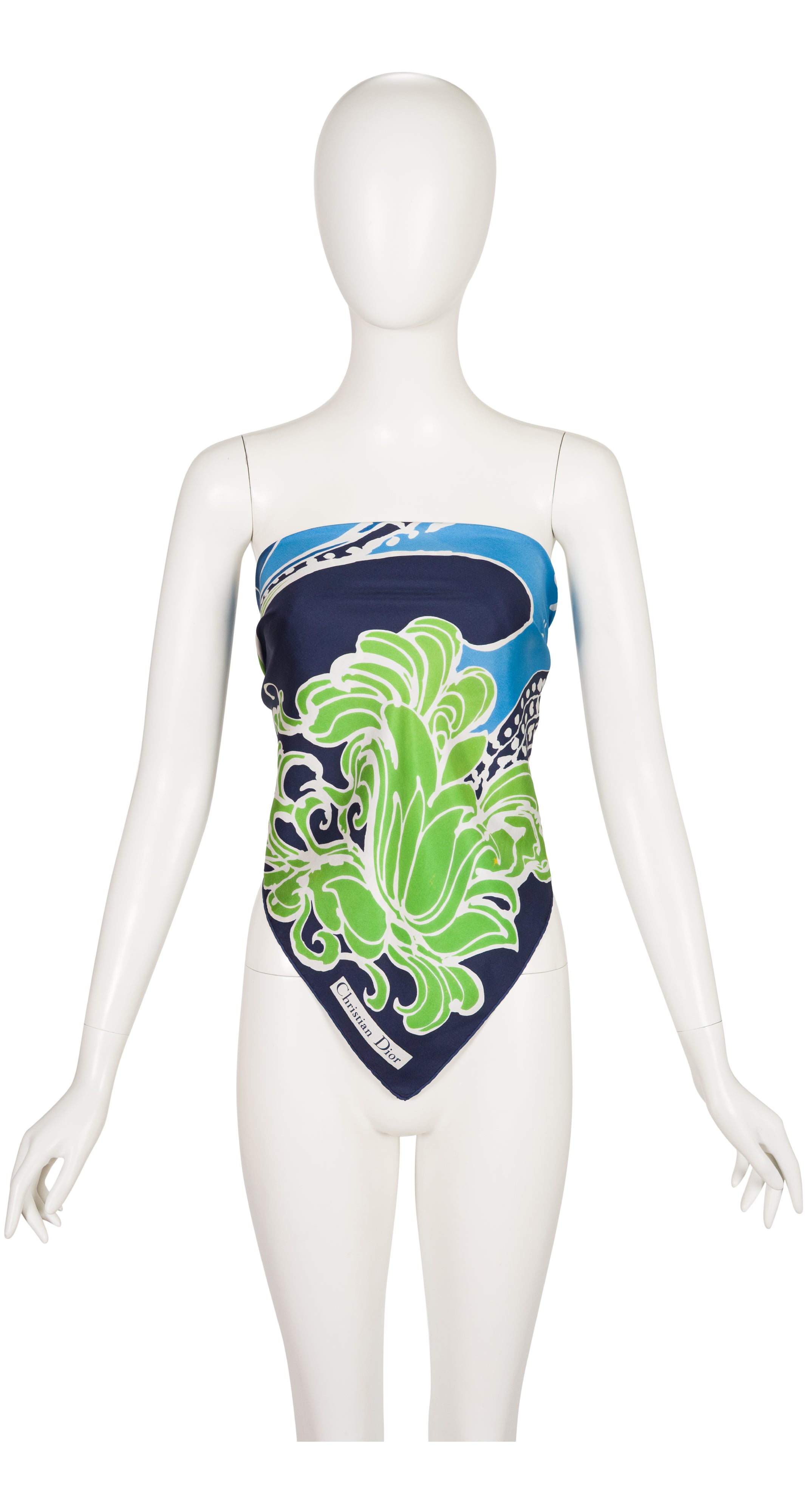 1960s Abstract Floral Print Green & Blue Silk Twill Scarf