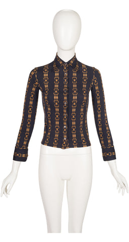 1973 Horsebit Print Black Silk Jersey Button-Up Shirt
