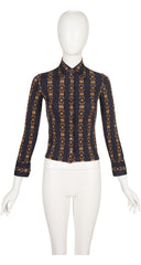 1973 Horsebit Print Black Silk Jersey Button-Up Shirt