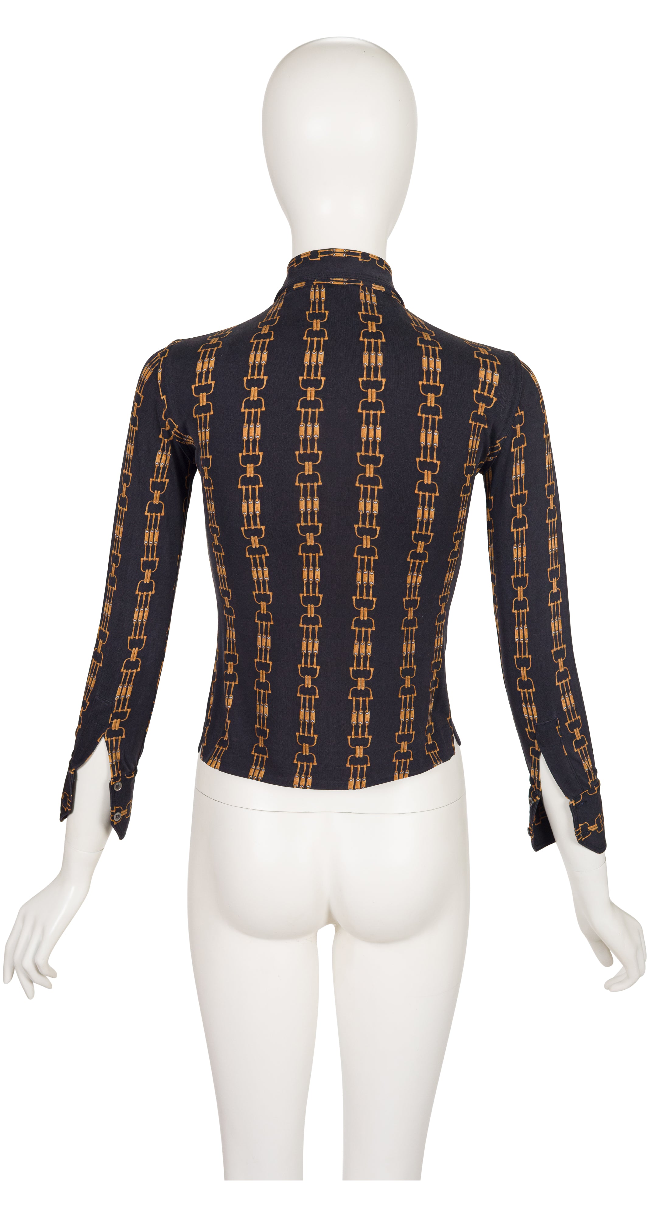 1973 Horsebit Print Black Silk Jersey Button-Up Shirt