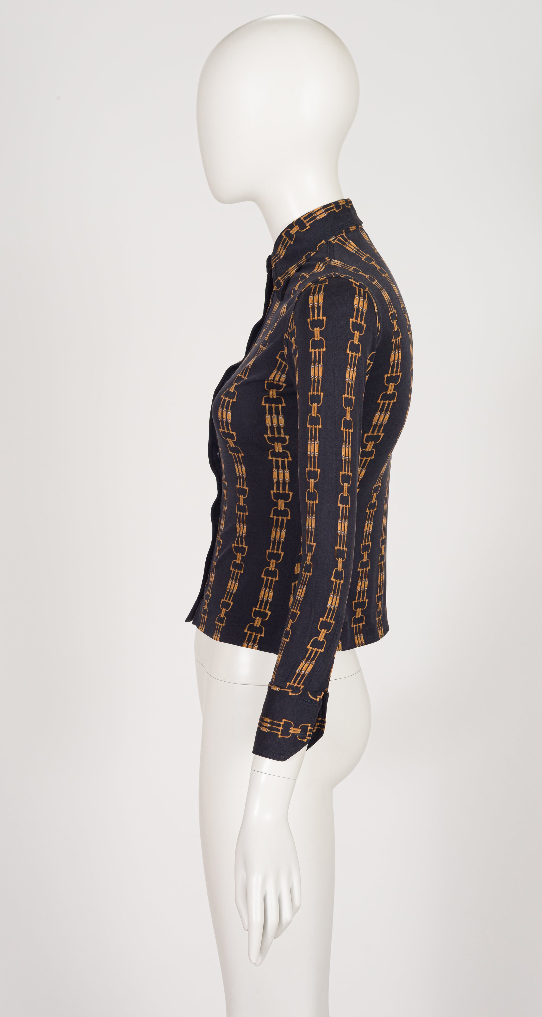 1973 Horsebit Print Black Silk Jersey Button-Up Shirt
