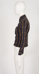 1973 Horsebit Print Black Silk Jersey Button-Up Shirt