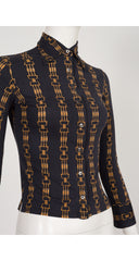 1973 Horsebit Print Black Silk Jersey Button-Up Shirt