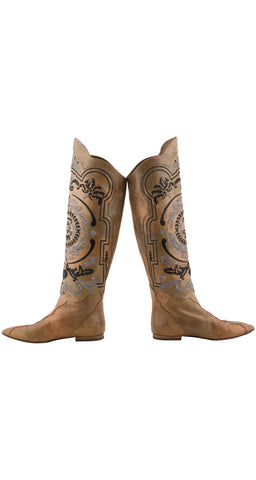 1980s Embroidered Metallic Leather Pointed Toe Boots