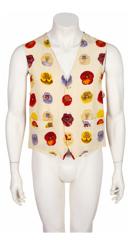 1990s Men's Pansy Print Ivory Silk Waistcoat