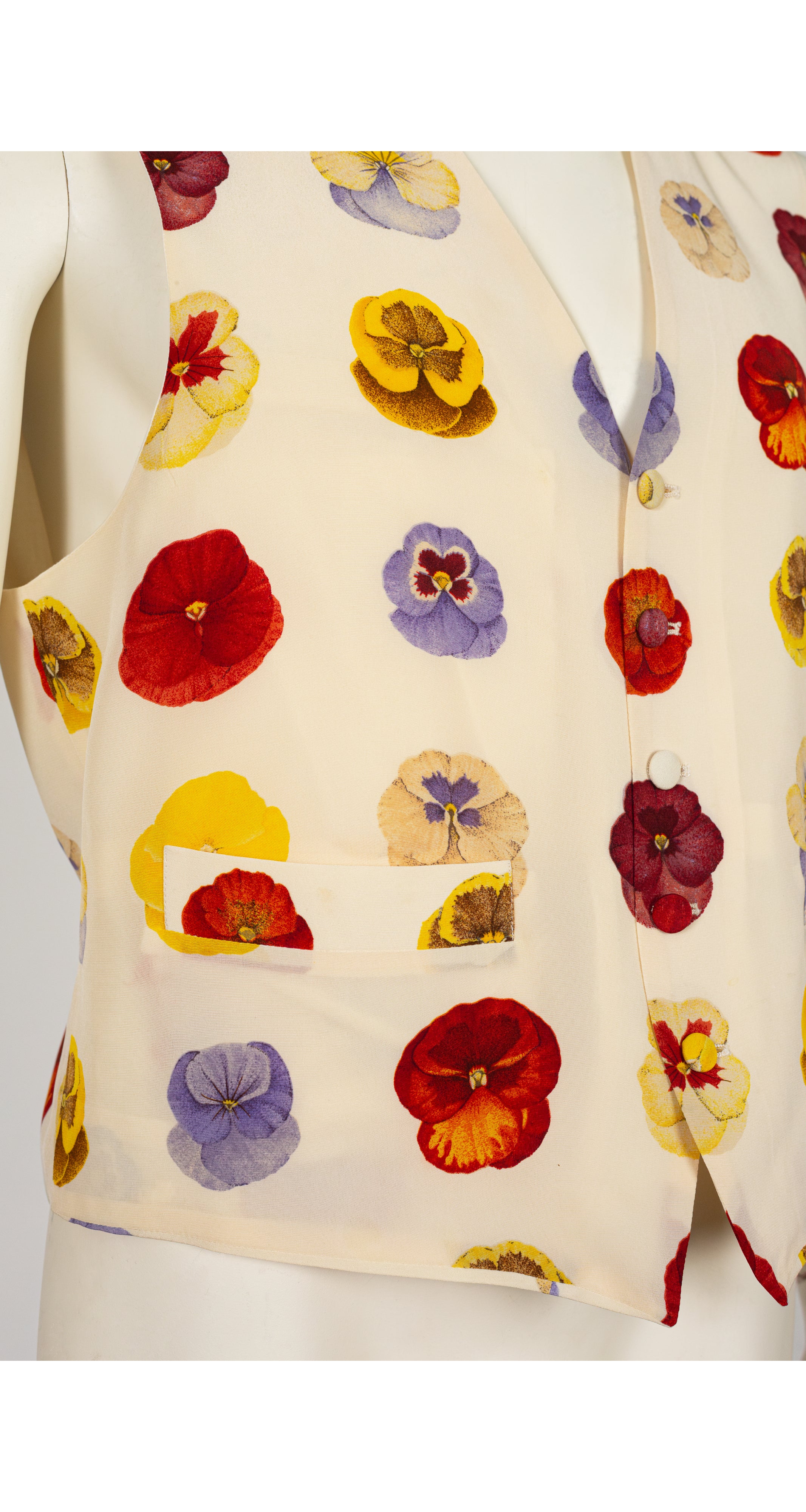 1990s Men's Pansy Print Ivory Silk Waistcoat