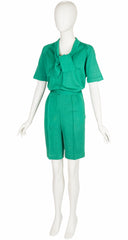 1960s Kelly Green Knit Tie-Neck Three-Piece Outfit