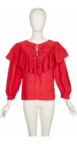 1982 S/S Red Linen Ruffle Lace-Up Top