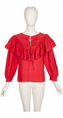 1982 S/S Red Linen Ruffle Lace-Up Top