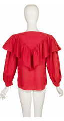 1982 S/S Red Linen Ruffle Lace-Up Top