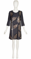 2006 S/S Embellished Leaf Design Gray Silk Dress