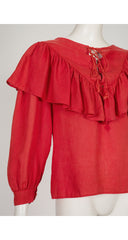 1982 S/S Red Linen Ruffle Lace-Up Top