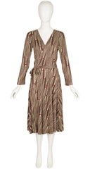 1976 F/W Tassel Print Brown Jersey Midi Wrap Dress