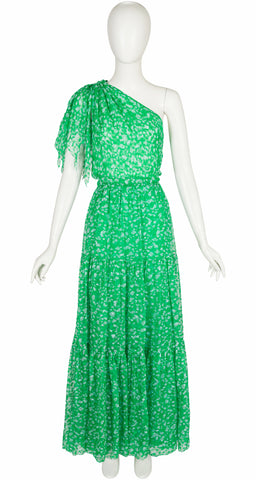 1980s Couture Green Silk Chiffon One-Shoulder Gown