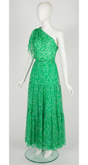 1980s Couture Green Silk Chiffon One-Shoulder Gown