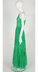 1980s Couture Green Silk Chiffon One-Shoulder Gown