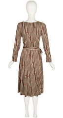 1976 F/W Tassel Print Brown Jersey Midi Wrap Dress