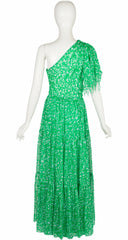 1980s Couture Green Silk Chiffon One-Shoulder Gown