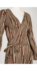 1976 F/W Tassel Print Brown Jersey Midi Wrap Dress