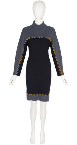 1980s Castle Print Wool Knit Long Sleeve Dress