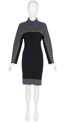 1980s Castle Print Wool Knit Long Sleeve Dress