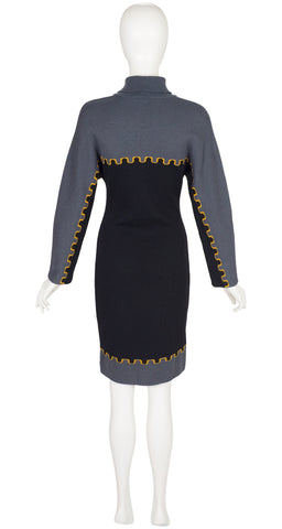 1980s Castle Print Wool Knit Long Sleeve Dress