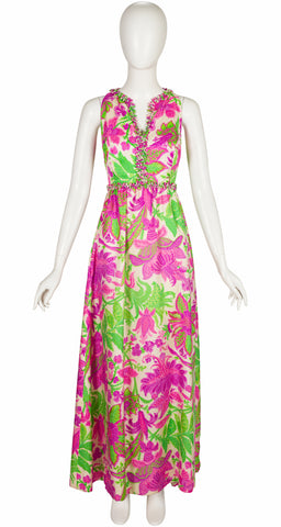 1960s Pink & Green Floral Print Silk Twill Evening Gown