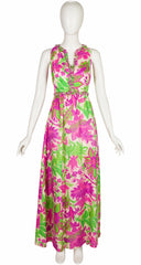 1960s Pink & Green Floral Print Silk Twill Evening Gown