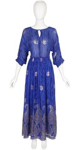 1970s Paisley Lurex Indigo Silk Chiffon Gown