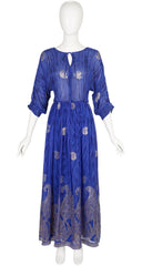 1970s Paisley Lurex Indigo Silk Chiffon Gown