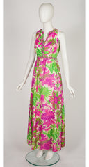 1960s Pink & Green Floral Print Silk Twill Evening Gown