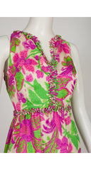 1960s Pink & Green Floral Print Silk Twill Evening Gown