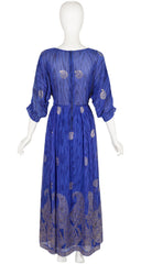 1970s Paisley Lurex Indigo Silk Chiffon Gown