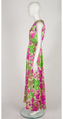 1960s Pink & Green Floral Print Silk Twill Evening Gown