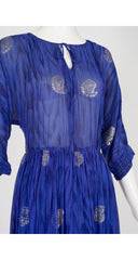 1970s Paisley Lurex Indigo Silk Chiffon Gown