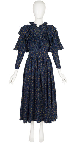 1980s Floral Navy Cotton Ruffle Mutton Sleeve Dress