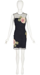 2004 S/S Black Mesh Flower Appliqué Cocktail Dress