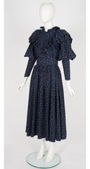1980s Floral Navy Cotton Ruffle Mutton Sleeve Dress