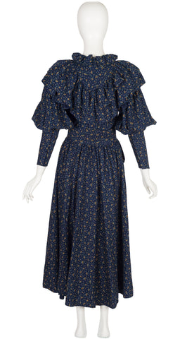 1980s Floral Navy Cotton Ruffle Mutton Sleeve Dress