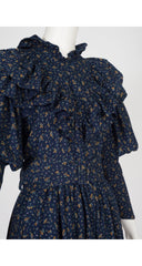 1980s Floral Navy Cotton Ruffle Mutton Sleeve Dress