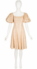 1950s Floral Gold Lace Puff Sleeve Cocktail Dress