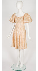 1950s Floral Gold Lace Puff Sleeve Cocktail Dress