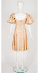 1950s Floral Gold Lace Puff Sleeve Cocktail Dress