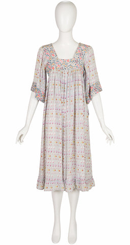 1978 S/S Egg Mixed Print Powder Blue Silk Peasant Dress
