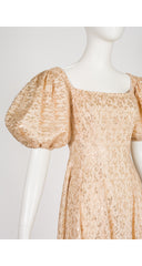 1950s Floral Gold Lace Puff Sleeve Cocktail Dress